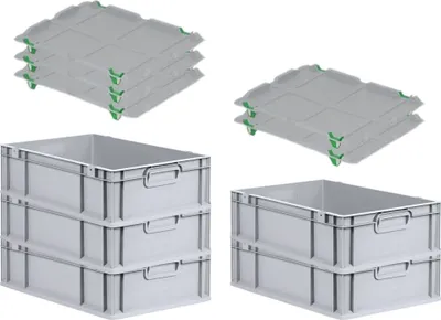 Produktbild von SuperSparSet 5x Eurobox NextGen Economy mit Auflagedeckel und 4x Schiebeschnappverschlüsse Grün | Griffe geschlossen | HxBxT 17x40x60cm | 34 Liter | Eurobehälter, Transportbox, Transportbehälter, Stapelbehälter