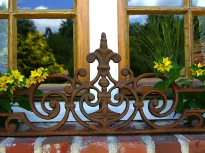 A close-up of an antique-style wrought iron window box holder with yellow flowers in front of a window.