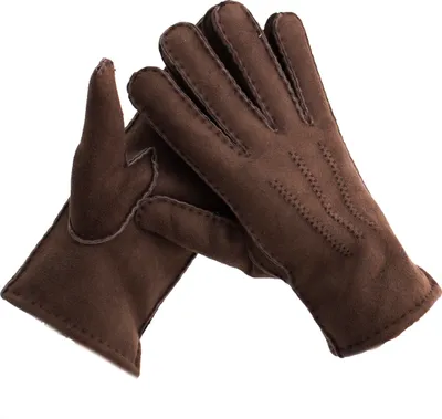 A pair of brown leather gloves on a white background.