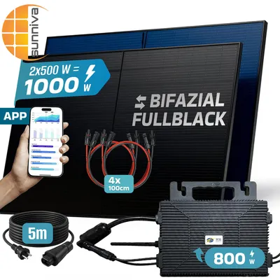 Produktbild von SUNNIVA® 1000W Balkonkraftwerk BIFAZIAL FULLBLACK komplett Steckdose ASTRO-E 800W Wechselrichter, PV Solaranlage, 5m Kabel, Bluetooth WIFI