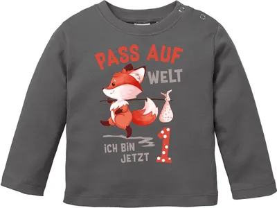 Produktbild von Baby Langarm-Shirt 1. Geburtstag Pass auf Welt ich bin jetzt 1 2 Fuchs Geburtstagsshirt Baumwolle MoonWorks® 1 dunkelgrau 80/86 (10-15 Monate)