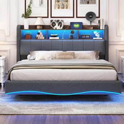 Obrázek produktu pro Závěsné designové čalouněné lůžko 160x200 v lněné látce, úložné lůžko s LED osvětlením, rozhraním USB a TYPE-C Šedá barva