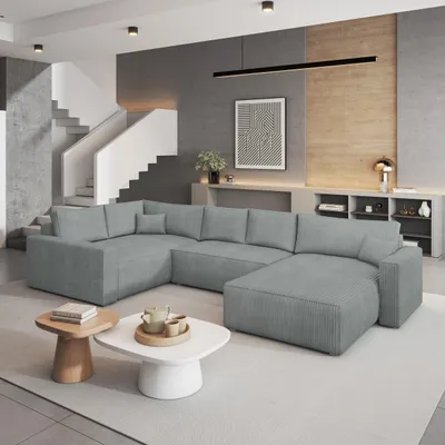 Produktbild von Masseno Ecksofa VELAMI L-S mit Schlaffunktion U-Form, Sofa mit Bettkasten, Wohnzimmersofa, Couch, Soffa, Bettsofa, Couchgarnitur- Hellgrau, POSO 55