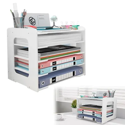 Produktbild von Schreibtisch-Organizer A4 weiß, 5 Fächer, Dokumentenhalter, für Büro