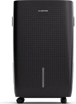A black dehumidifier with wheels is shown from the front.