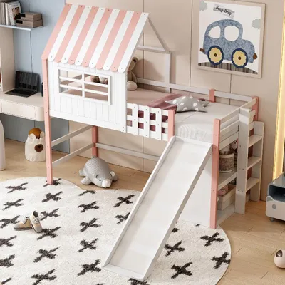 Productafbeelding van Kinderbed met hemelbed, 90x200 cm, met veiligheidsglijbaan en dakontwerp. Massief houten kinderbed, roze, met veiligheidsladder en opbergruimte voor de kinderkamer