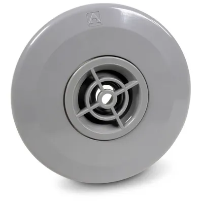 A close-up, studio shot of a gray swimming pool inlet nozzle with a grid pattern.