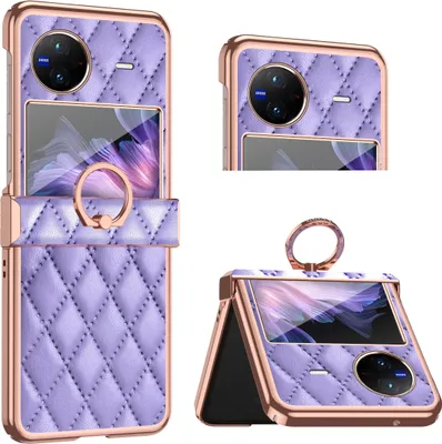 Produktbild von Luxus Leder Muster Galvanik Handyhülle für Vivo X Flip mit Ringhalterung und Scharnierschutz Lila