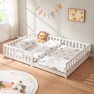 Image de Lit d'enfant 'Tanna' lit de sol 140 x 200 cm Lit Montessori avec protection antichute pin blanc