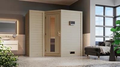 Produktbild von Karibu Sauna Innensauna Sahib 2 Eckeinstieg ohne Zubehör 236x184x208 cm ohne Dachkranz mit Energiespartür
