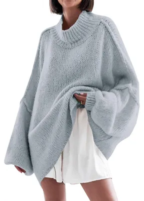 Produktbild von Damenpullover Oversized - Fledermausärmel - Hoher Kragen - Rippstrick - Lässiger Stil - Weiches und warmes Material - Pullover