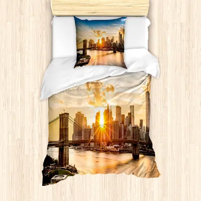 Produktbild von ABAKUHAUS New York Mantele, Stadtansicht von Brooklyn, Milbensicher Allergiker geeignet mit Kissenbezügen, 135 cm x 200 cm - 80 x 80 cm, Mehrfarbig