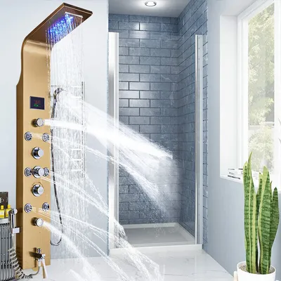Produktbild von Linuode LED Licht Dusche Wasserhahn Badezimmer SPA Massage Jet Dusche Säulensystem Wasserfall Regen Duschpaneel Bidet Sprayer Tap (8009 Gold B)