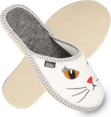 Produktbild von filsko® Litton - Filzpantoffeln Damen Katzengesicht leicht weiß/grau 34-42 EU