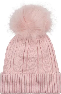 Produktbild von styleBREAKER Damen Feinstrick Bommelmütze mit Zopfmuster, Kunstfell Bommel Mütze, gefütterte Winter Strickmütze 04024100
