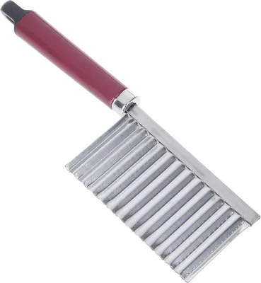 A crinkle cutter kitchen tool with a maroon handle and a stainless steel blade.