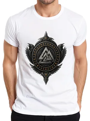 Zdjęcie produktu dla T-shirt "Wikingowie: Valknut, Kruki, Hugin, Munin, Runy, Walhalla, Odin, Germanie", biały, rozmiar M