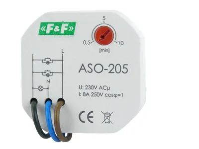 A close-up studio shot of a white electrical timer device with wiring and labeling.