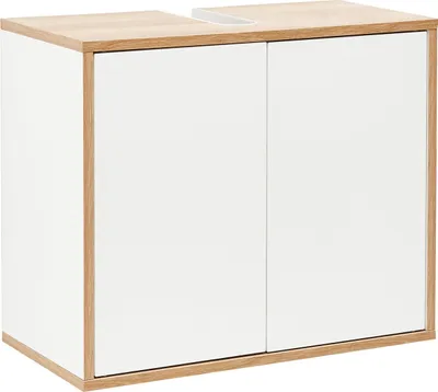 Produktbild von FACKELMANN Waschbeckenunterschrank FINN / Badschrank mit Push-to-Open / Maße (B x H x T): ca. 60 x 50 x 30,5 cm / Schrank fürs Bad mit 2 Türen / Korpus: Weiß / Front: Weiß / Rahmendekor: Braun hell