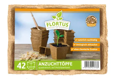 Produktbild von 6 x 6 cm Anzuchttopf quadratisch auf Holzfaser Basis | Anzuchttöpfe von FLORTUS, Menge (Stück):42 Stück