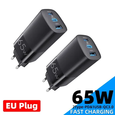 Produktbild von GaN Ladegerät 65W, USB-C, Schnellladung QC4.0/QC3.0/PD3.0, für iPhone, Samsung, Xiaomi, Laptop – 2 Stück
