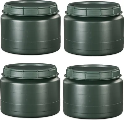 Four identical green plastic barrels with lids are arranged in a two-by-two grid on a white background.