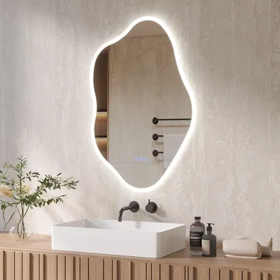 Produktbild von Asymmetrischer Badspiegel mit Beleuchtung Unregelmäßiger Spiegel LED Touchschalter Dekospiegel Wolkenform 3 Lichtfarben Antibeschlag 90 x 60 cm