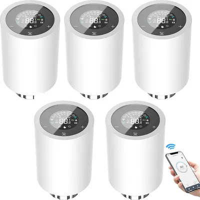 Zdjęcie produktu dla 5X Inteligentne termostaty grzejnikowe Zawór termostatyczny Zawór grzejnikowy Sterowanie APP Kompatybilny z Alexa Google Assistant Blokada dziecięca Termostat Ogrzewanie Wyświetlacz LED, biały