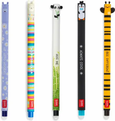 Image de Legami Erasable Gel Pen Set, 5 pcs, stylos gel effaçables, stylo gel, pingouin, panda, lama, abeille et hippopotame