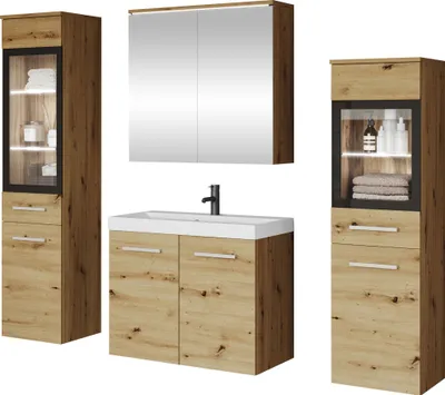 Produktbild von MIRJAN24 Badmöbel-Set Madrit I, Badezimmer-Set mit Spiegel und Waschbecken (Farbe: Artisan Eiche, mit Siphon, mit weißer LED Beleuchtung)