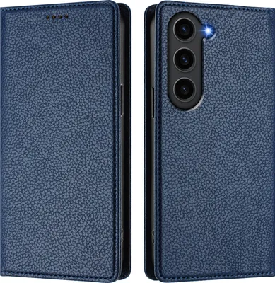 A blue leather flip case for a smartphone is shown from two angles, open and closed.
