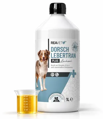 Produktbild von REAVET Dorschlebertran Plus Lachsöl für Hunde & Pferde 1L – Barf Öl Lebertran, Fischöl reich an Omega 3, Hund Barföl, Futteröl