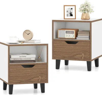 Obrázok produktu pre Nočný stolík COSTWAY set 2, nočná komoda, nočný stolík malý s otvorenou priehradkou a zásuvkou, rozkladací stolík 37x33x44cm