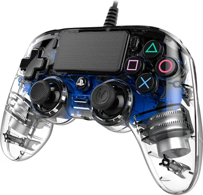 A transparent Nacon PS4 controller with blue internal lighting.