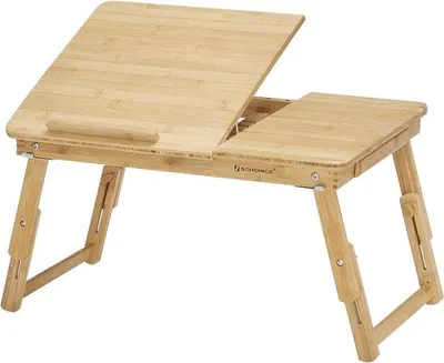Image de Table d'appoint en bambou pour ordinateur portable, support pour ordinateur portable, réglable en hauteur, pliable, 5 niveaux, petit tiroir, couleurs naturelles