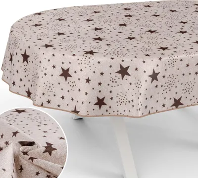 Produktbild von Tischdecke Sterne mit feierlichem Motiv Tischwäsche schmutzabweisend Tischtuch aus Stoff Klassik Beige Oval Breite 140cm Länge 180cm mit Paspelband