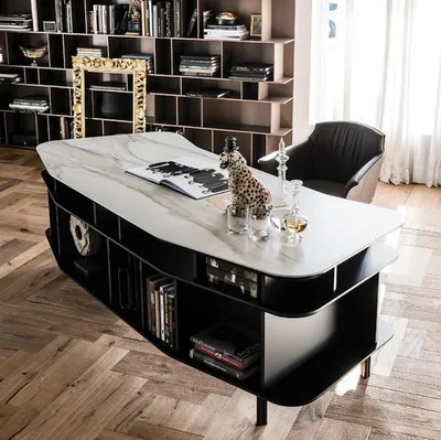 Produktbild von Casa Padrino Luxus Schreibtisch mit Keramikplatte Schwarz / Weiß-Gold 235 x 99 x H. 75 cm - Bürotisch - Computertisch - Luxus Büro Möbel