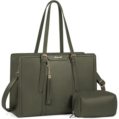 Productafbeelding van Laptop tas 15,6 inch, dames, schoudertas, leren tas, tote bag, shopper, werktas, olijfgroen