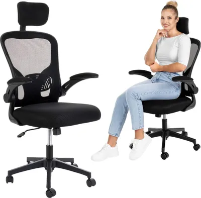 A black office chair is shown in two parts. On the left, the chair is shown from the front. On the right, a woman is sitting on the same chair.