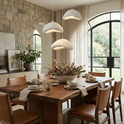 Immagine prodotto di Opviq, elegante lampada a sospensione bianca con struttura in metallo e calotta in fibra di vetro, altezza regolabile da 55 a 109 cm, 3 x E27, IP20, ideale per hotel moderni e ambienti residenziali.