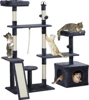 Image de Arbre à chat - Arbre à chat - Hauteur 134 cm - Avec grottes et plateformes - Bois - 5 niveaux+ - Gris foncé