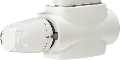 A close-up, studio shot of a white thermostatic radiator valve.