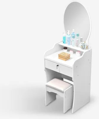 A white vanity table with a mirror and a stool, set against a white background.