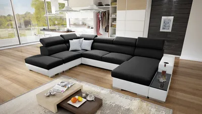 Produktbild von Wohnlandschaft in U-Form PERS VI Ecksofa Eckcouch mit Schlaffunktion (Schwarz SAWANA 14 + weißes Kunstleder, Rechts)