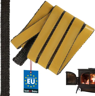 A product shot of fireplace sealant tape and a small wood-burning stove.