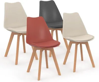 Produktbild von Set mit 4 skandinavischen Stühlen Modell SARA, verschiedene Farben: dunkelgrau, terracotta, beige, jeweils 2 Stück