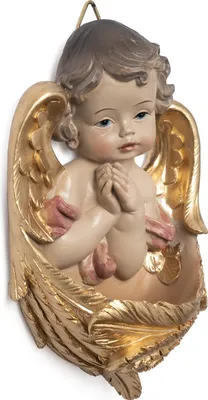 Obrázek produktu pro Nástěnná figurka modlícího se anděla se zlatými křídly - 14 cm vysoká dekorativní figurka z polyresinu - nástěnný džbán na svěcenou vodu jako náboženská dekorace na zeď - figurka anděla s miskou na vodu