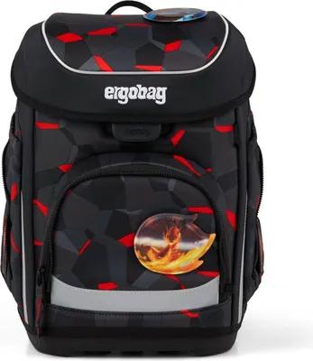 A black and red patterned ergobag school backpack with a fiery horse patch on the front pocket.
