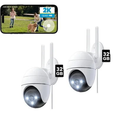 Produktbild von 2 Stück Überwachungskamera, 5MP Ultra HD mit Akku, 355°/120°, PIR Bewegungserkennung, 15m Farbnachtsicht, 2-Wege-Audio 32GB