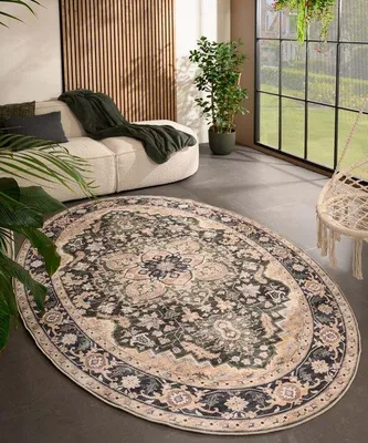 Image de Tapis d'extérieur Unyqoos® ovale Valenca Fino – Beige/vert vintage, 80 x 150 cm, maille 3D, lavable, pour intérieur et extérieur